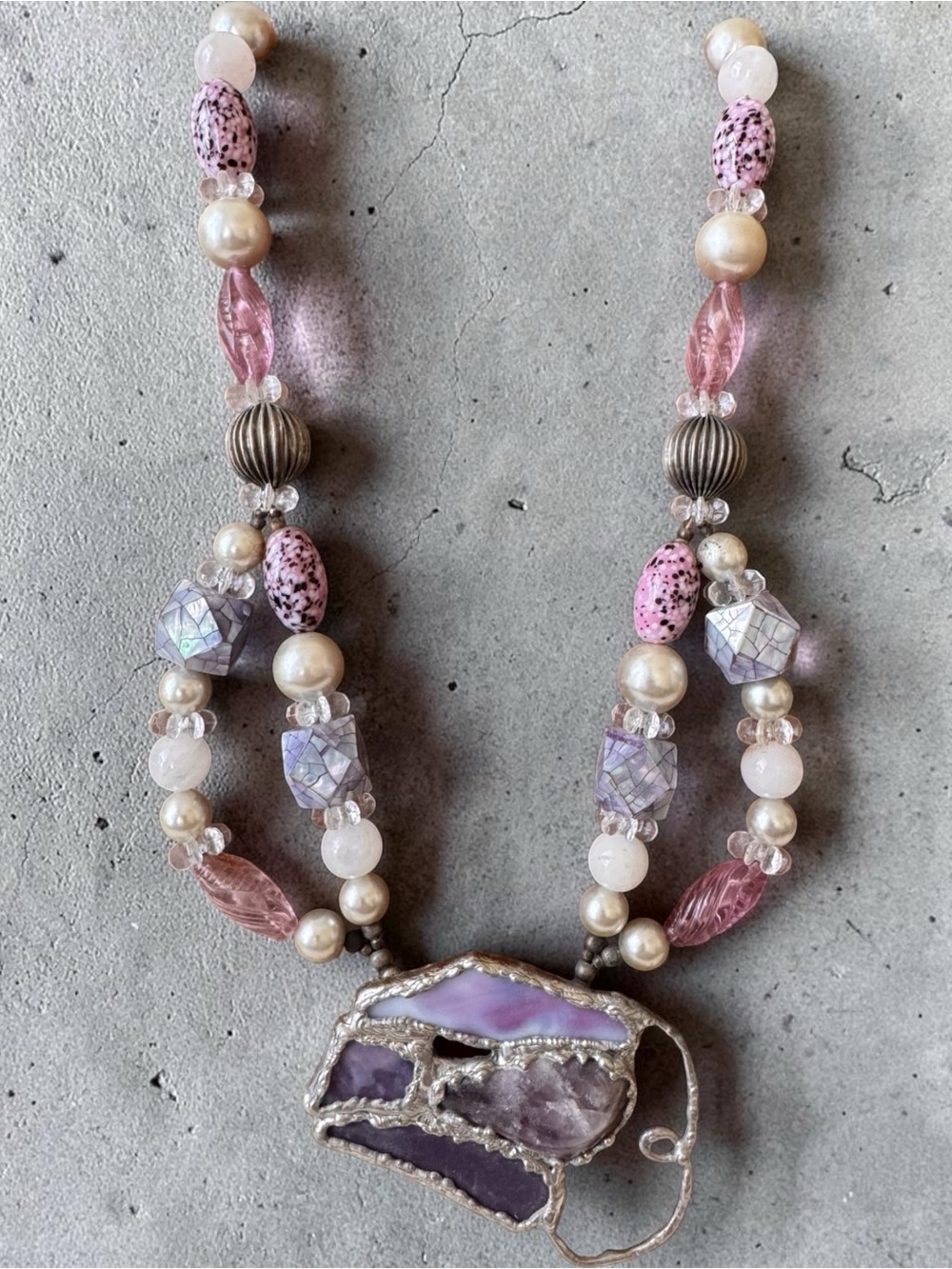 Handcrafted Stained Glass and Amethyst Pendant Statement Necklace